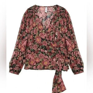 [M]MNG Pink/Red Floral Cropped Baloon  Sleeve Wrap Blouse